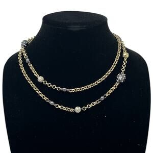 Chico’s Idalia Long Necklace – Gold & Black Beaded Chain with Pave Accents, NWT